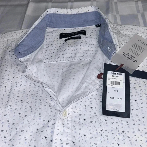 JACK&JONES L linen cotton blend short sleeve  white print button down shirt - Picture 3 of 16